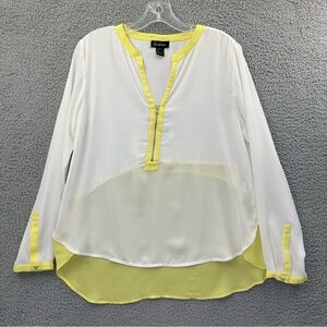 Cartise Long Sleeve V Neck Zipper Blouse White Yellow Semi Sheer Women's‎ 4